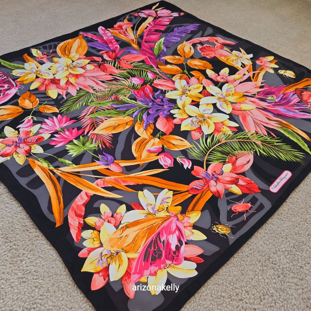 Salvatore Ferragamo Silk Scarf Hand-Rolled Hems Butterfly in Flower Garden - Picture 12 of 12